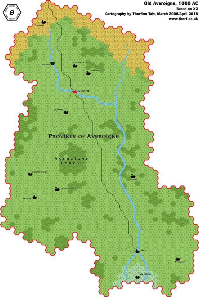 Updated map of Old Averoigne, 8 miles per hex