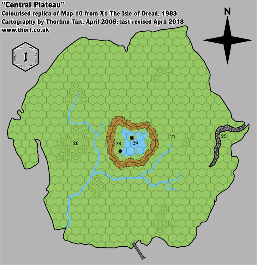 Colourised replica of X1 (1983)'s Central Plateau map, 1 (0.5) miles per hex