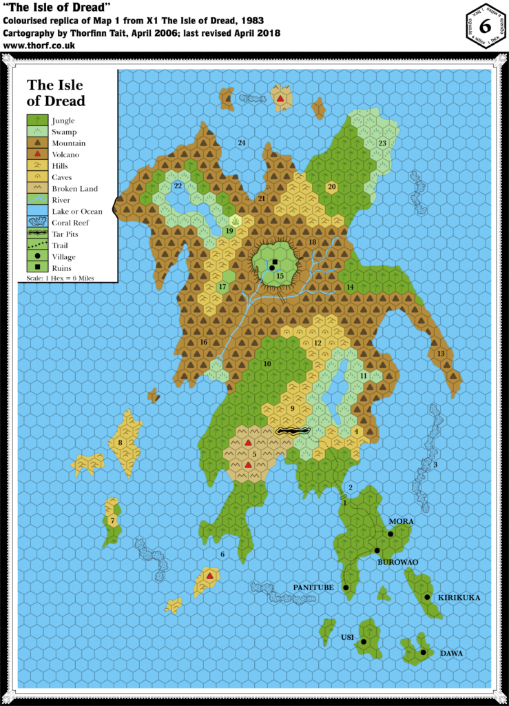 Colourised replica of X1 (1983)'s Isle of Dread map, 6 miles per hex
