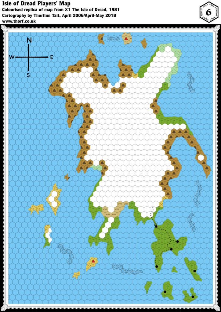 Colourised replica of X1 (1981)'s Isle of Dread players' map, 6 miles per hex
