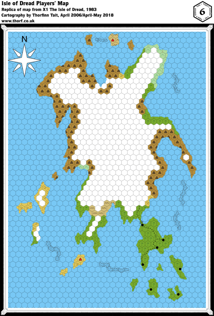 Colourised replica of X1 (1983)'s Isle of Dread players' map, 6 miles per hex