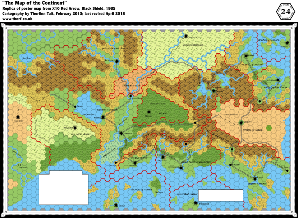 Replica of X10's Known World map, 24 miles per hex