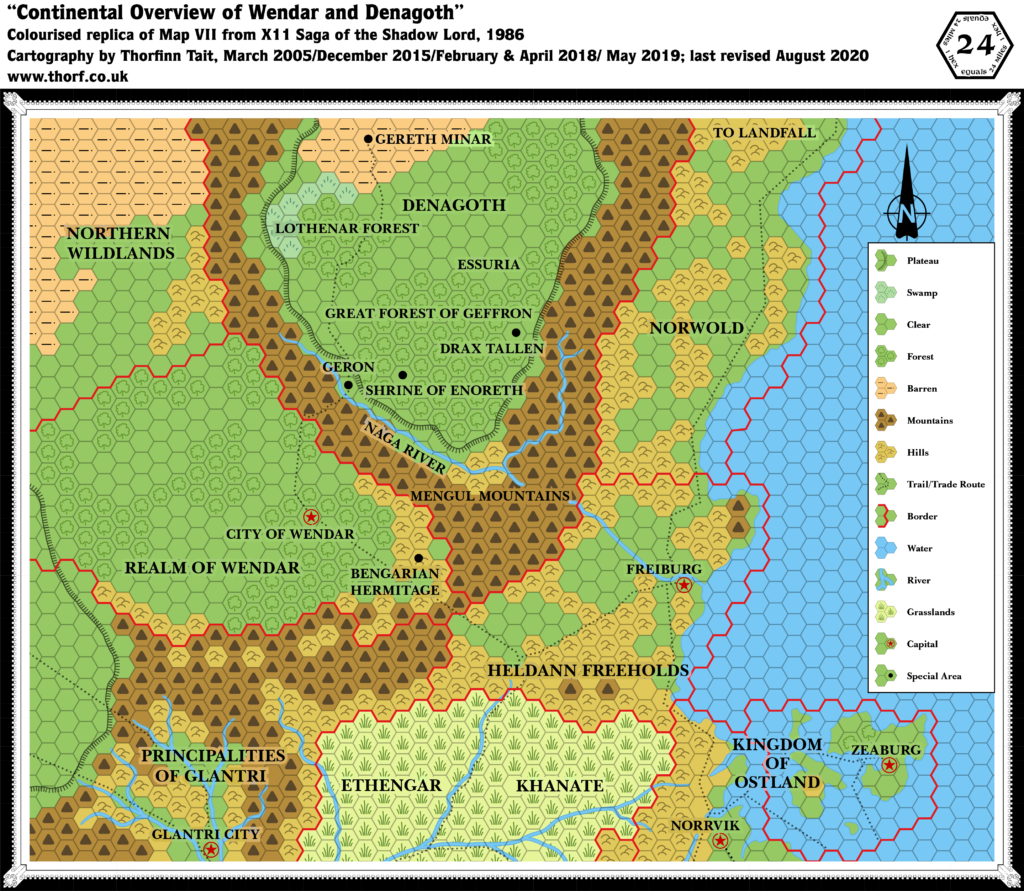 Colourised replica of X11's Wendar and Denagoth map, 24 miles per hex