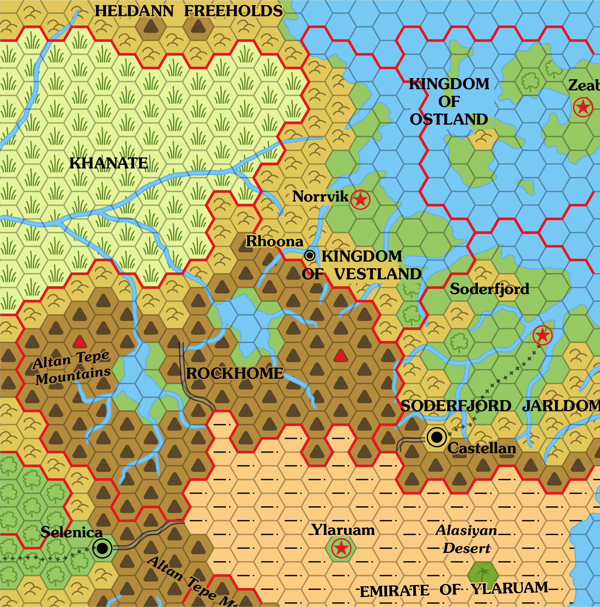 Colourised replica of X3's Vestland map, 24 miles per hex