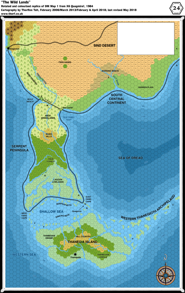 Rotated and colourised replica of X6's Wild Lands map, 24 miles per hex