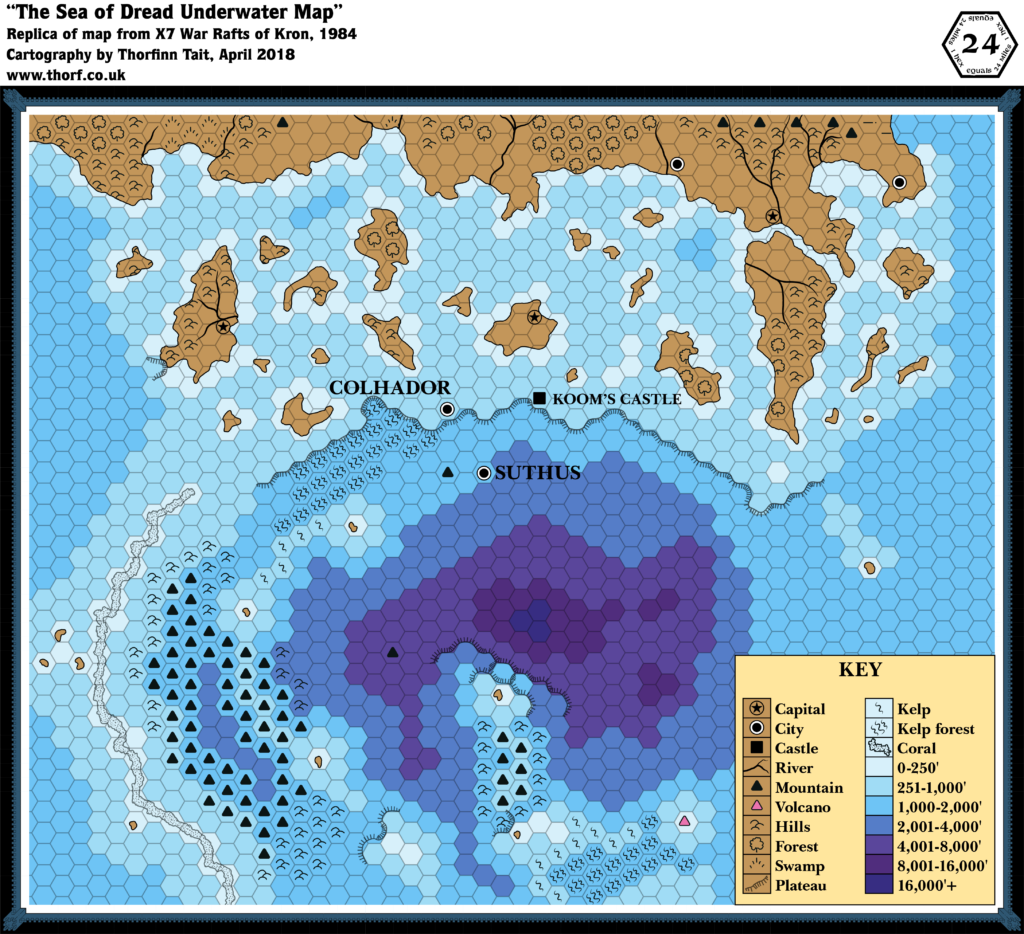 Replica of X7's Sea of Dread Underwater Map, 24 miles per hex
