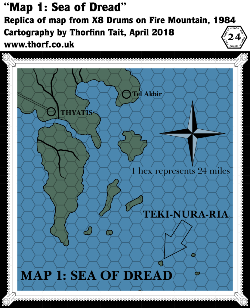 Replica of X8's Sea of Dread map, 24 miles per hex