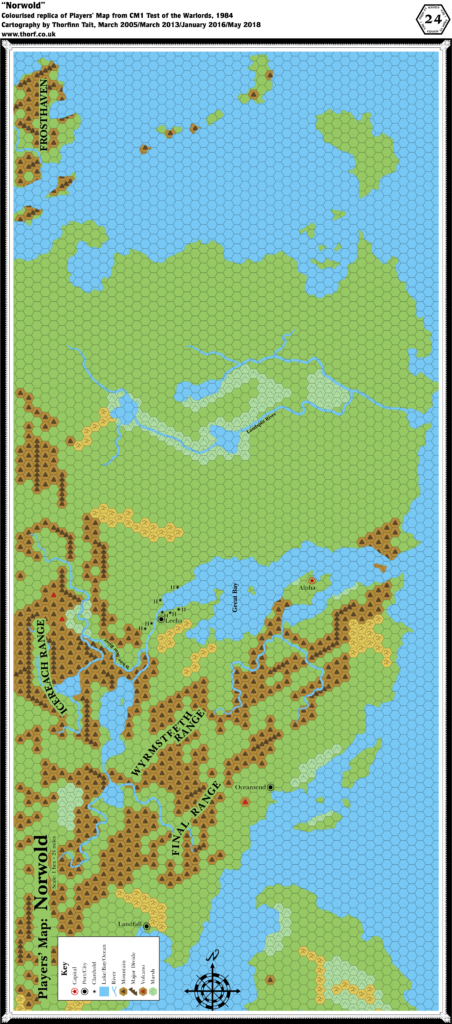 Colourised replica of the CM1's Players' Map of Norwold, 24 miles per hex