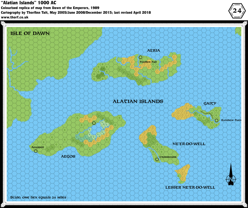 Colourised replica of Dawn of the Emperors' Alatian Islands map, 24 miles per hex