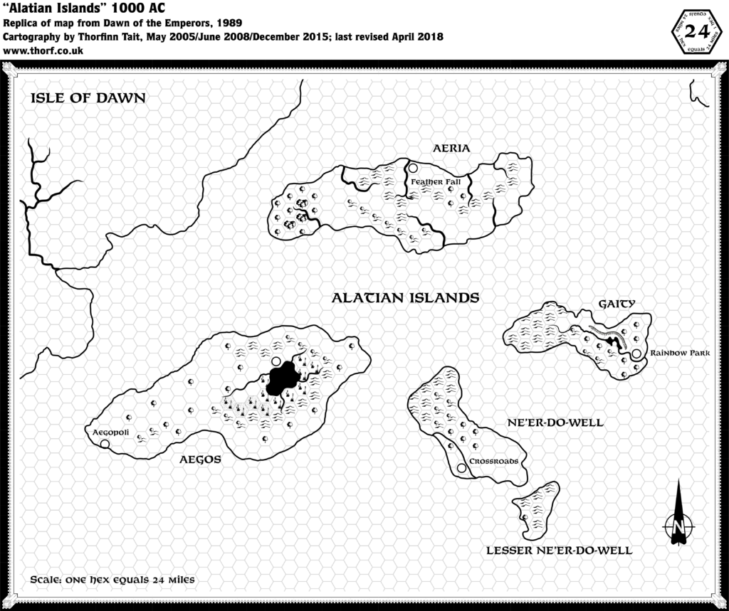 Replica of Dawn of the Emperors' Alatian Islands map, 24 miles per hex