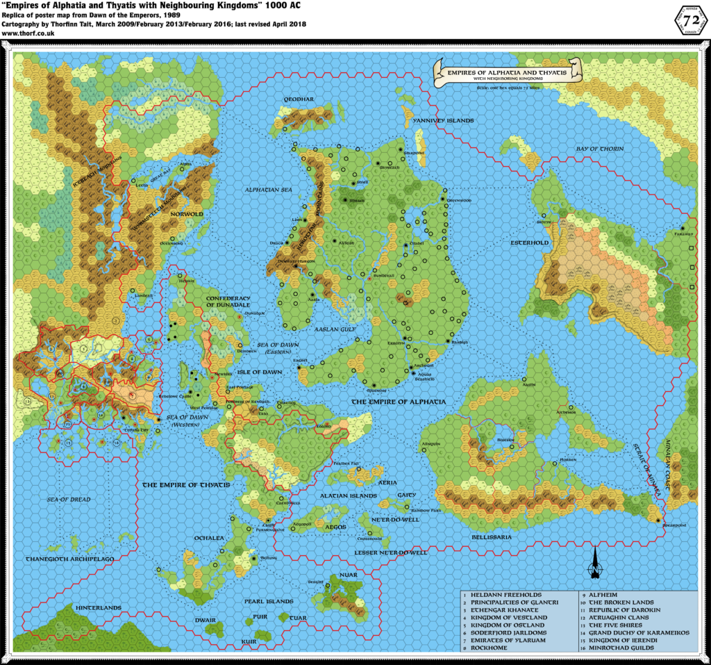 Replica of Dawn of the Emperors' poster map of the Empires of Alphatia and Thyatis, 72 miles per hex