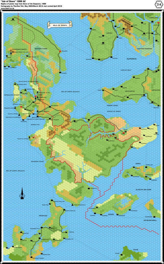 Replica of Dawn of the Emperors' poster map of the Isle of Dawn, 24 miles per hex