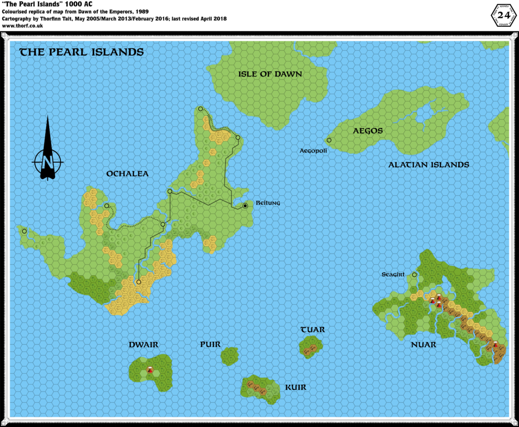 Colourised replica of Dawn of the Emperors' Ochalea and the Pearl Islands map, 24 miles per hex