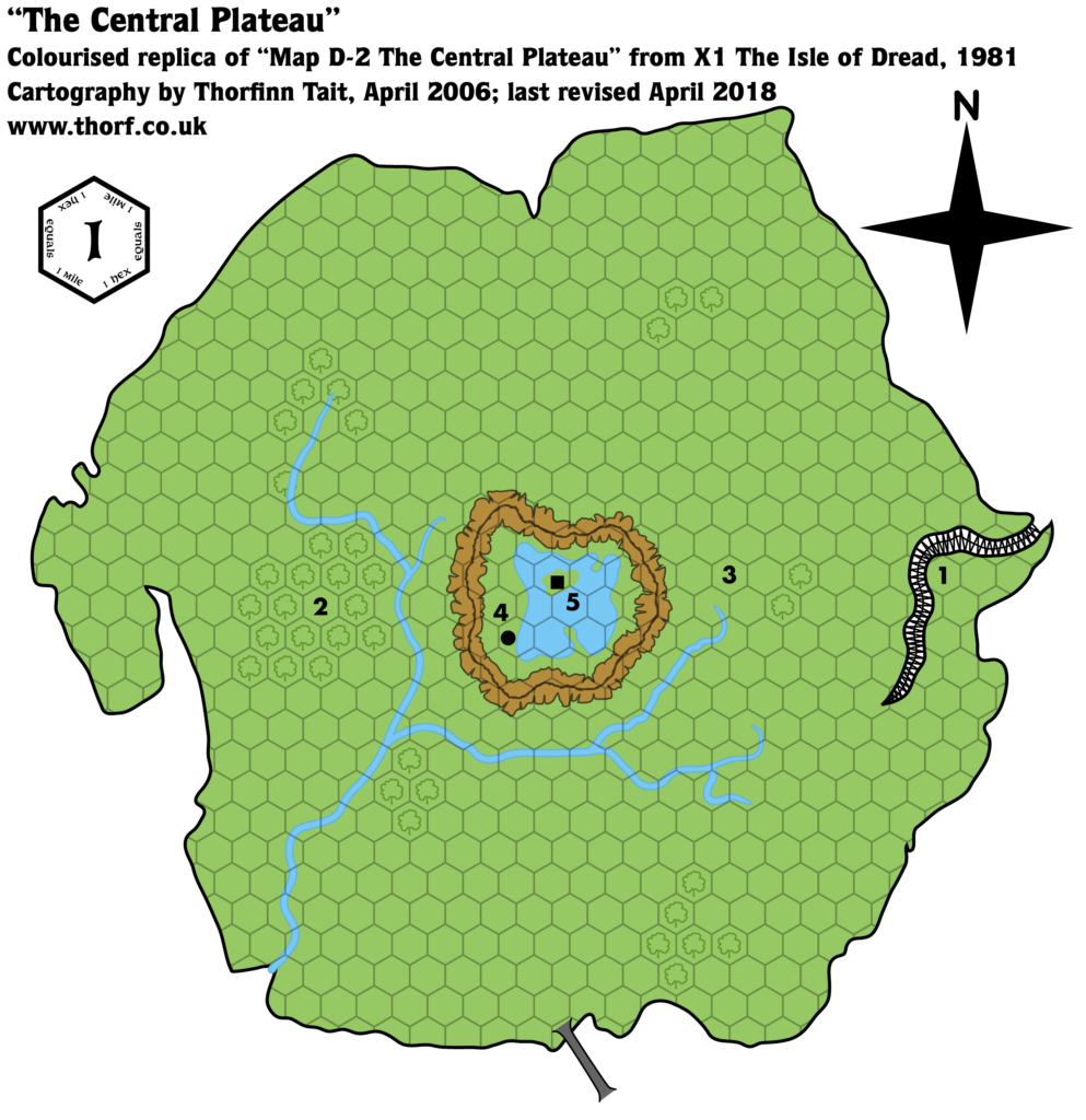 Colourised replica of X1 (1981)'s Central Plateau map, 1 (0.5) miles per hex