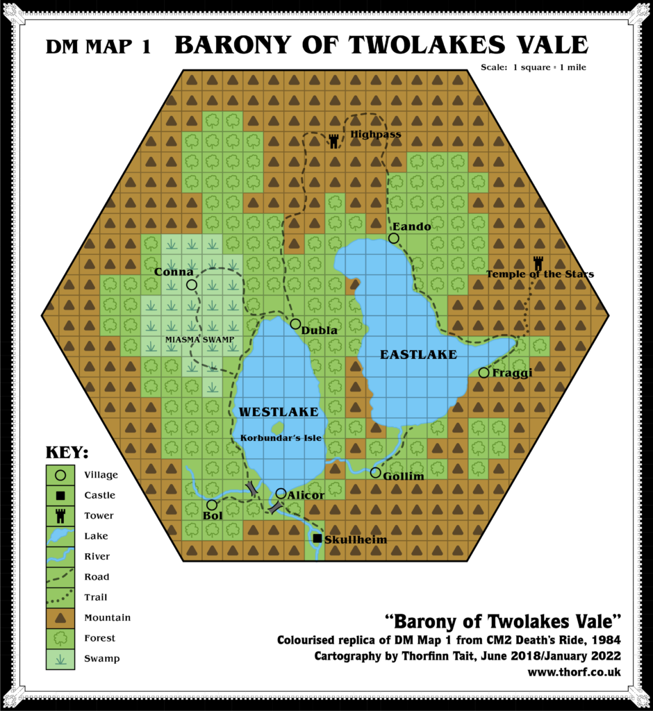 Colourised replica of CM2's Barony of Twolakes Vale DM's Map, 1 mile per square