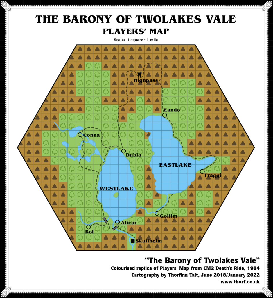 Colourised replica of CM2's Barony of Twolakes Vale Players' Map, 1 mile per square