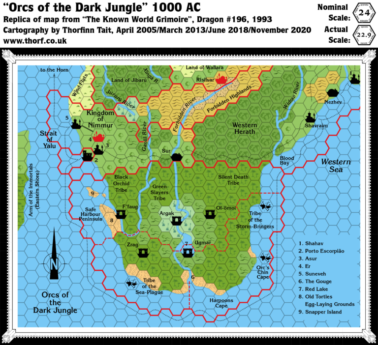 Replica of Dragon 196's map of the Orc's Head Peninsula, 24 miles per hex