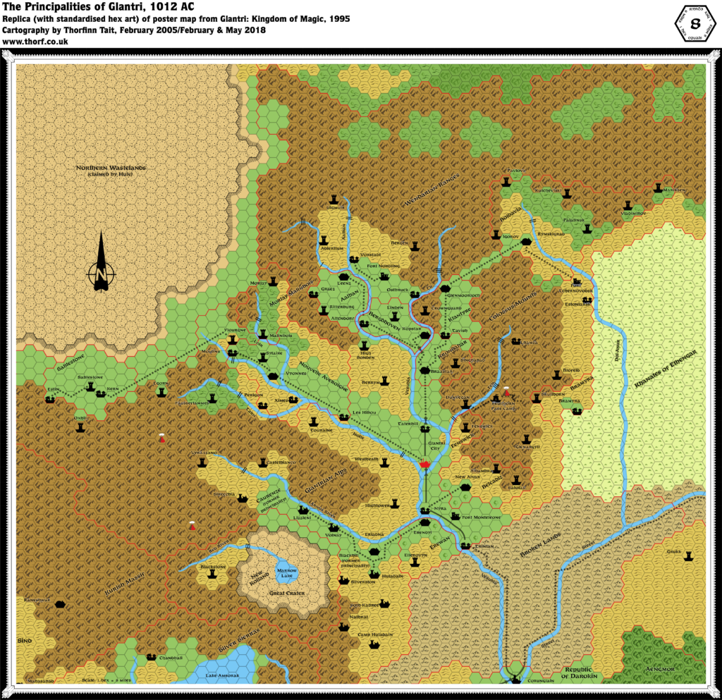 Replica of Glantri: Kingdom of Magic poster map of Glantri in 1013 AC, 8 miles per hex