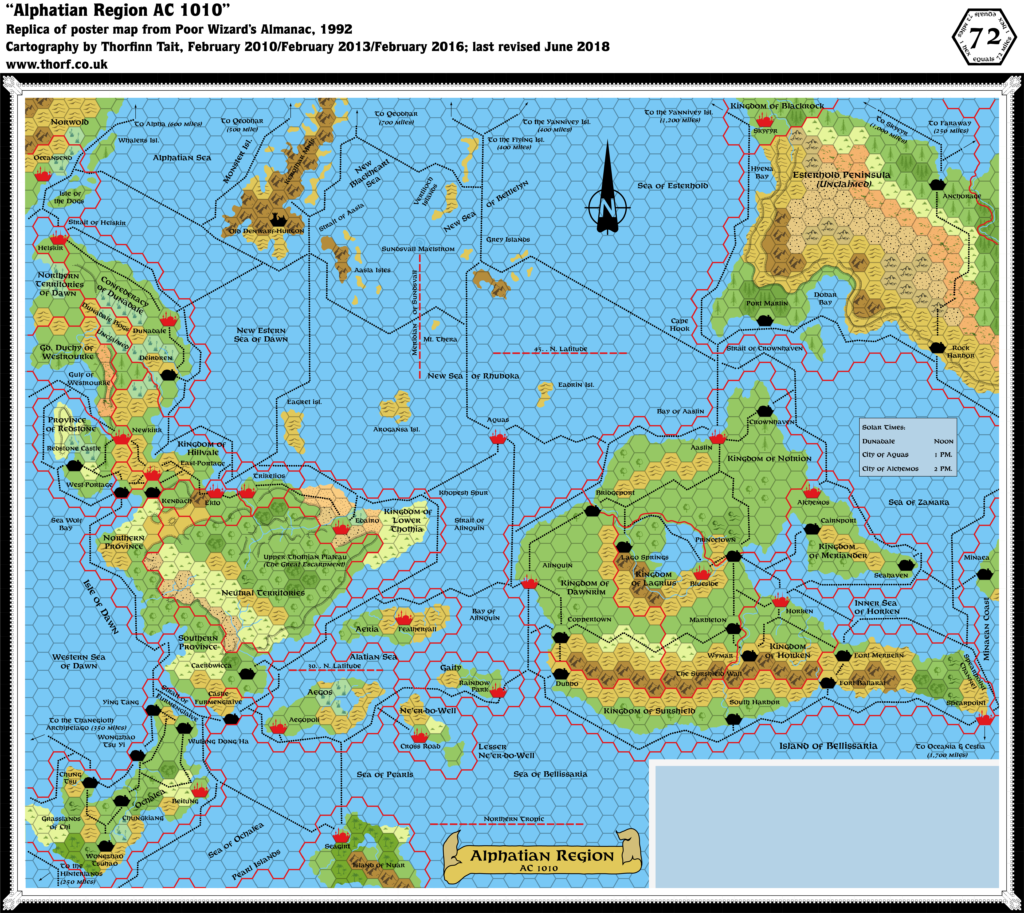 Replica of the Poor Wizard's Almanac's poster map of the Alphatian Region, 72 miles per hex