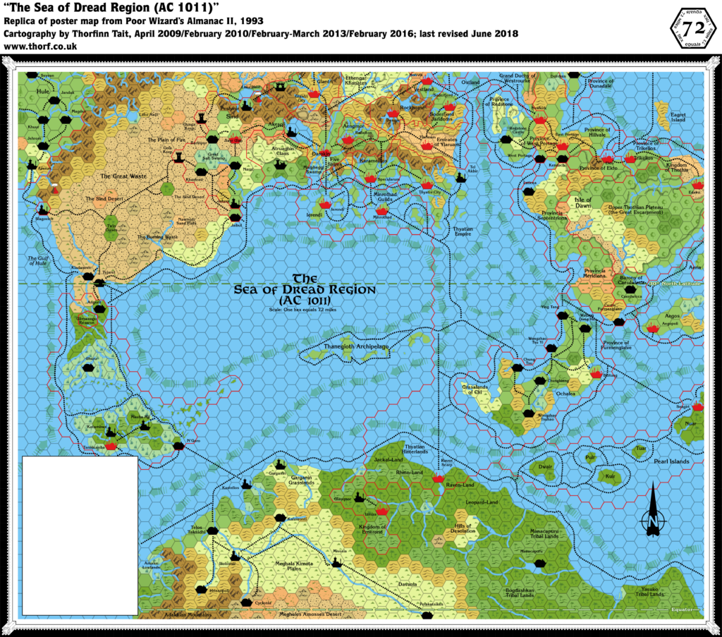 Replica of Poor Wizard's Almanac II's poster map of the Sea of Dread Region, 72 miles per hex