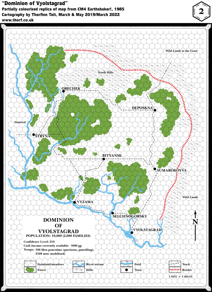 Partially colourised replica of CM4's Vyolstagrad map, 2 miles per hex