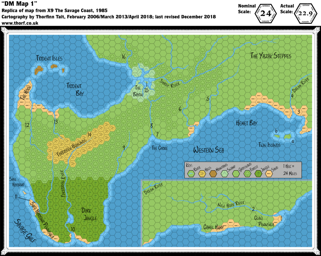 Replica of X9's map of the Savage Coast, 24 miles per hex