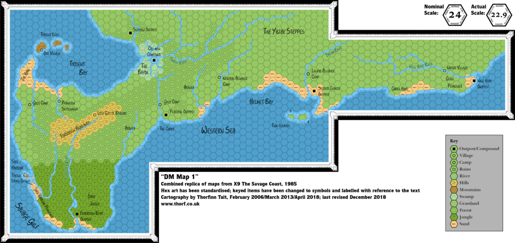 Combined replica of X9's Savage Coast hex maps, 24 miles per hex