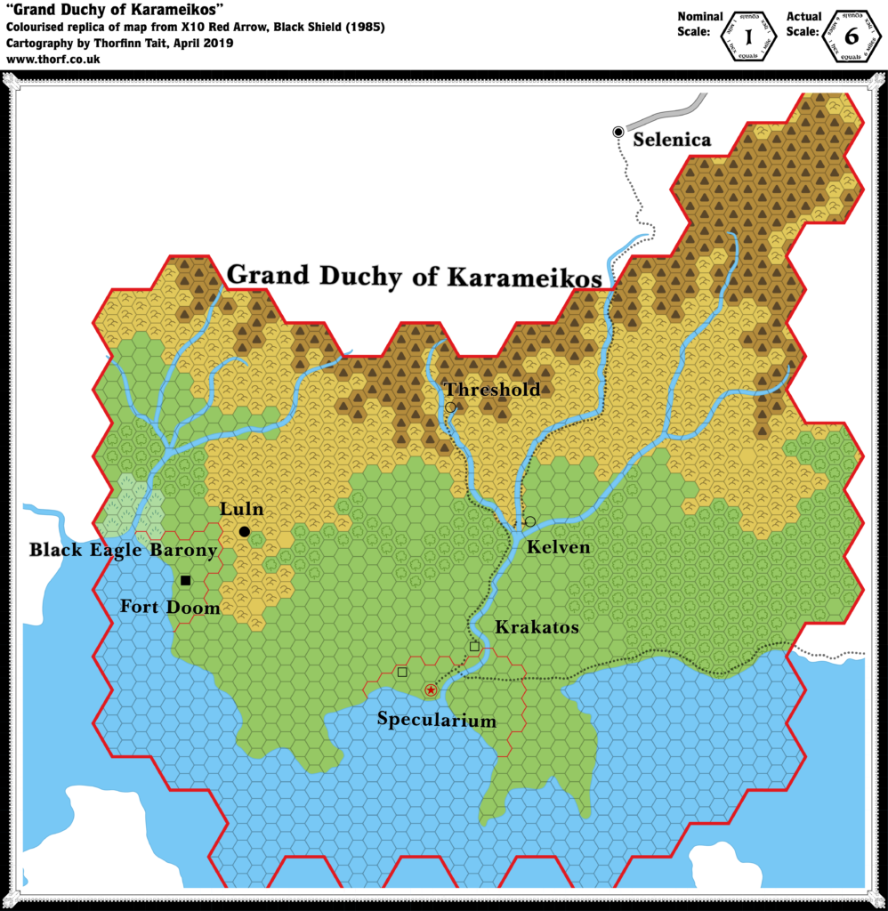 Colourised replica of X10's Karameikos map, 6 miles per hex