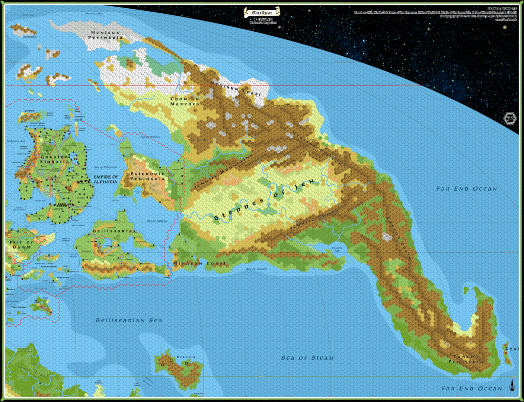 Updated map of the continent of Skothar, 72 miles per hex