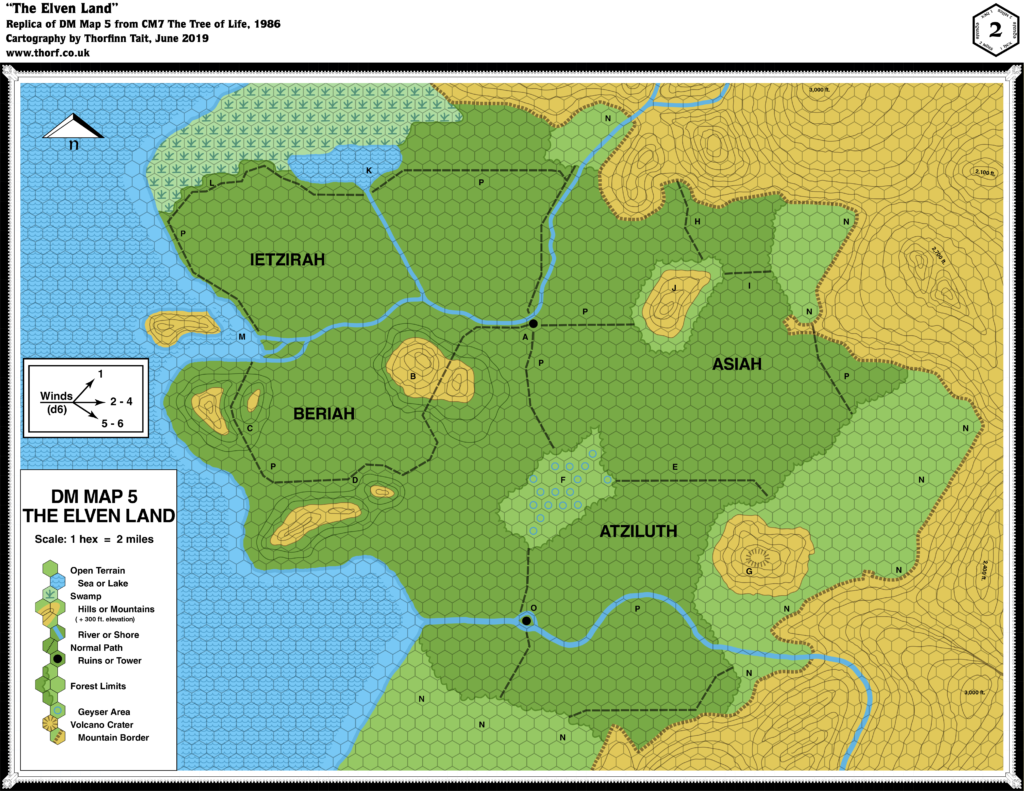 Replica of CM7's map of The Elven Land, 2 miles per hex