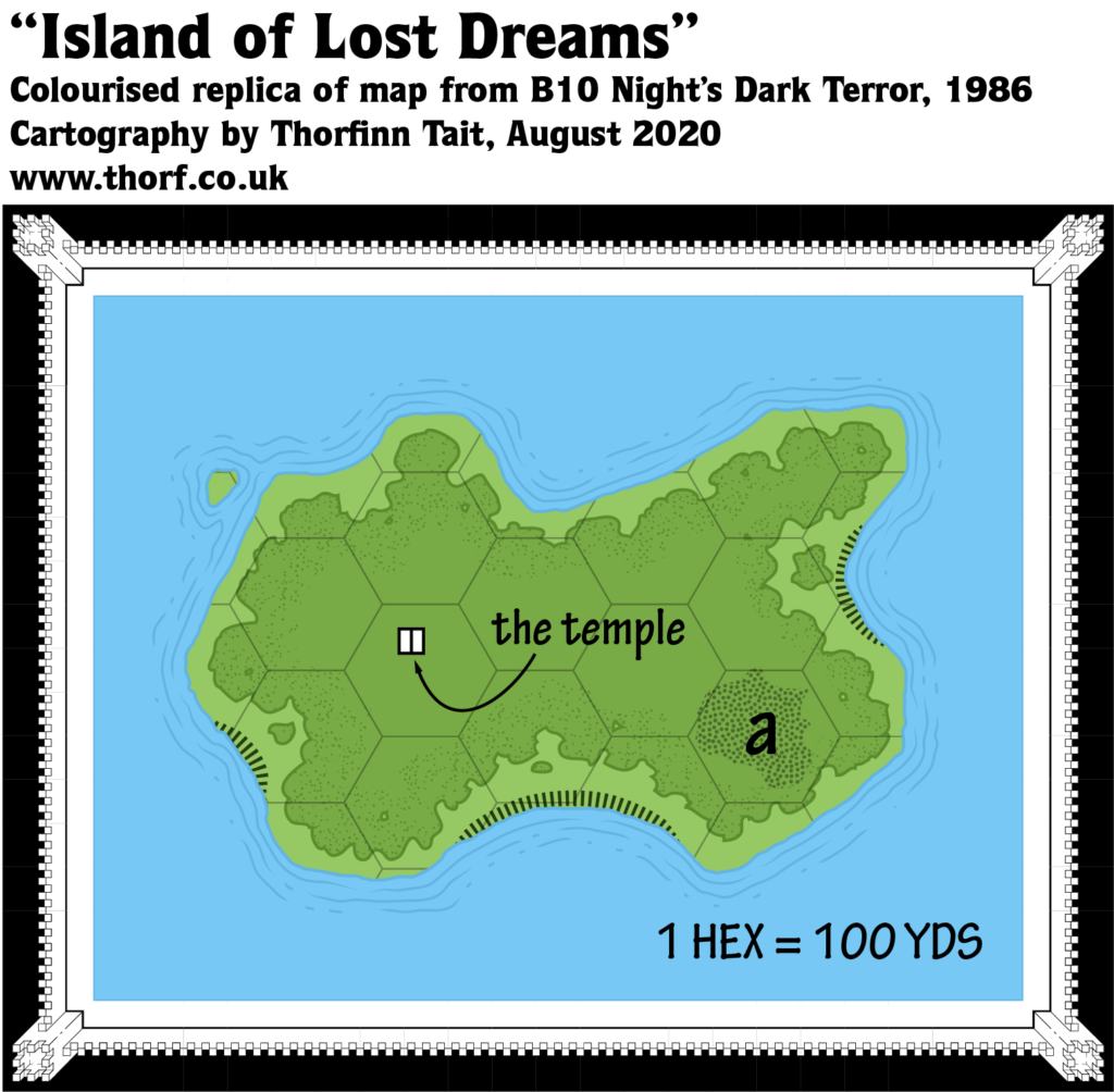 Colourised replica of B10's Island of Lost Dreams map, 100 yards per hex