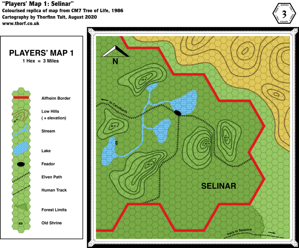 Colourised replica of CM7's Selinar players' map, 3 miles per hex