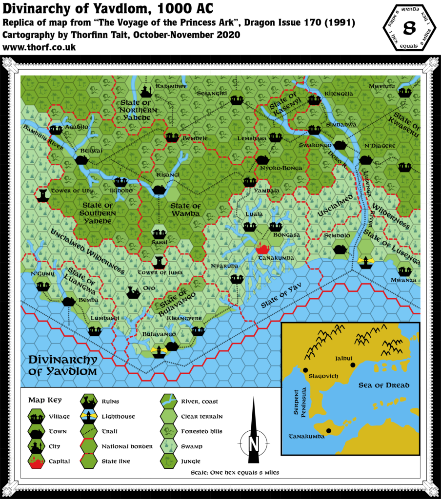 Replica of Dragon 170's map of central Yavdlom, 8 miles per hex