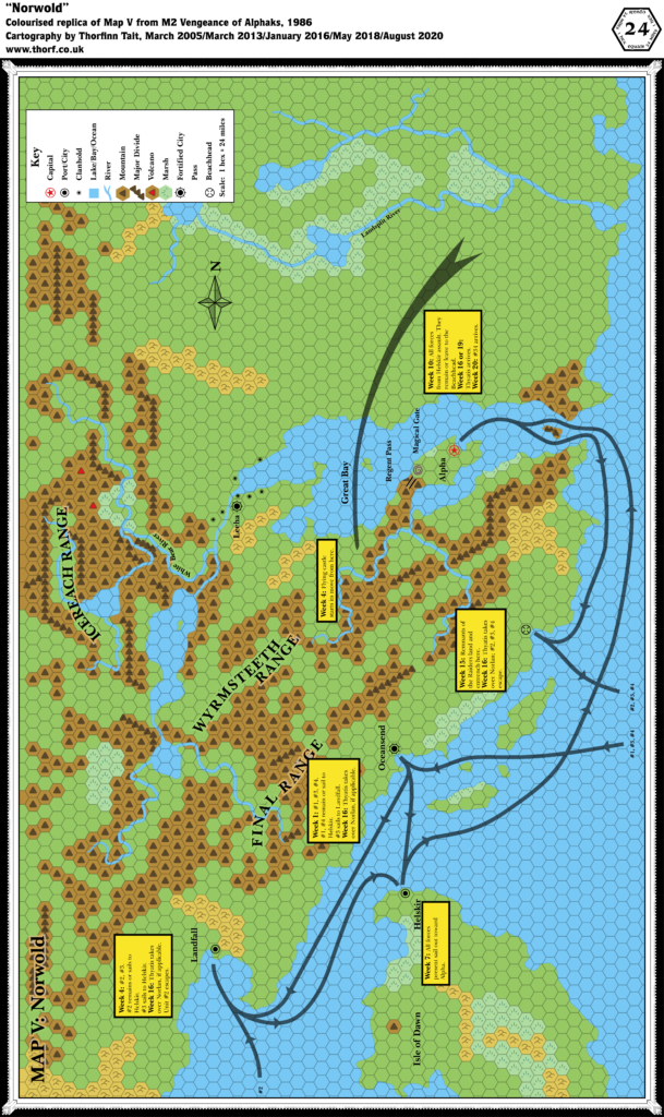 Colourised replica of M2's DM's map of Norwold, 24 miles per hex