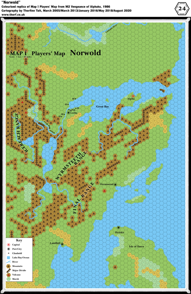 Standardised colour replica of M2's Players' map of Norwold, 24 miles per hex