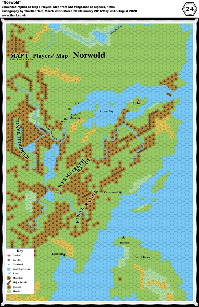 Standardised colour replica of M2’s Players’ map of Norwold, 24 miles per hex