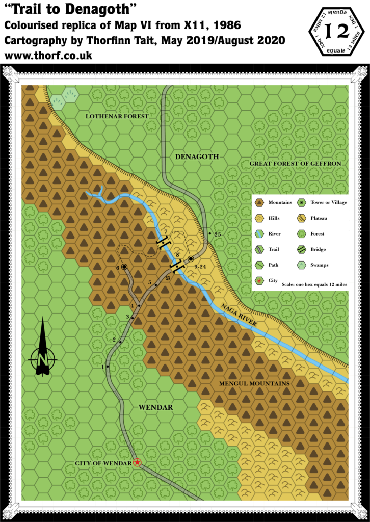 Colourised replica of X11's Trail to Denagoth map, 12 miles per hex