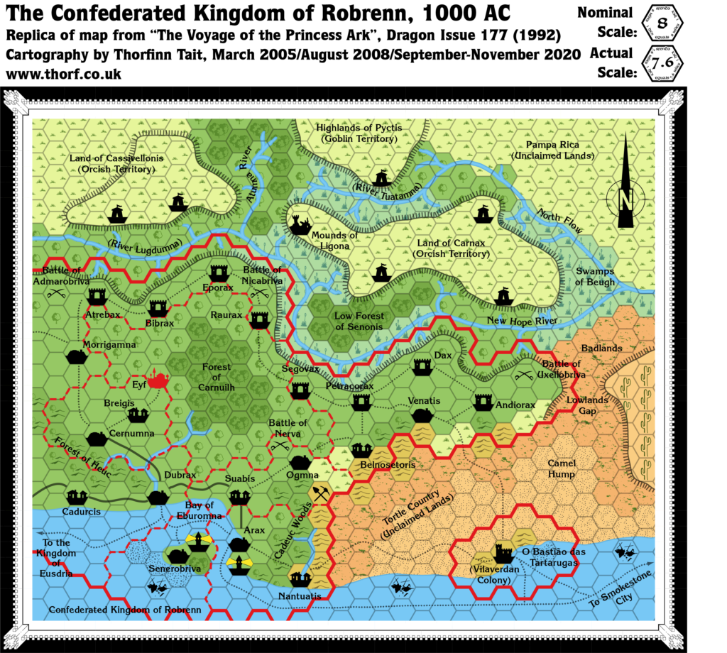 Replica of Dragon 177's map of Robrenn, 8 miles per hex