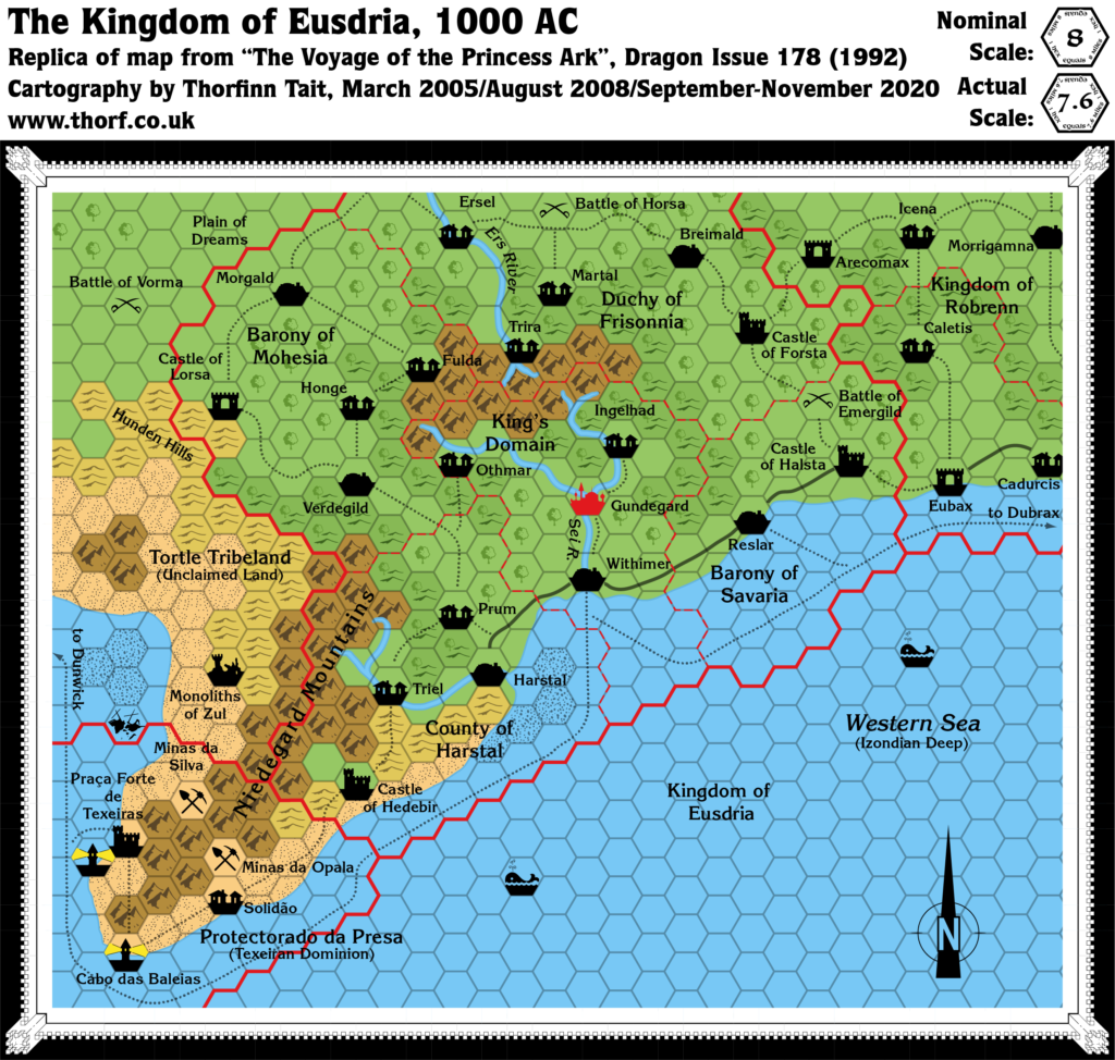 Replica of Dragon 178's map of Eusdria, 8 miles per hex