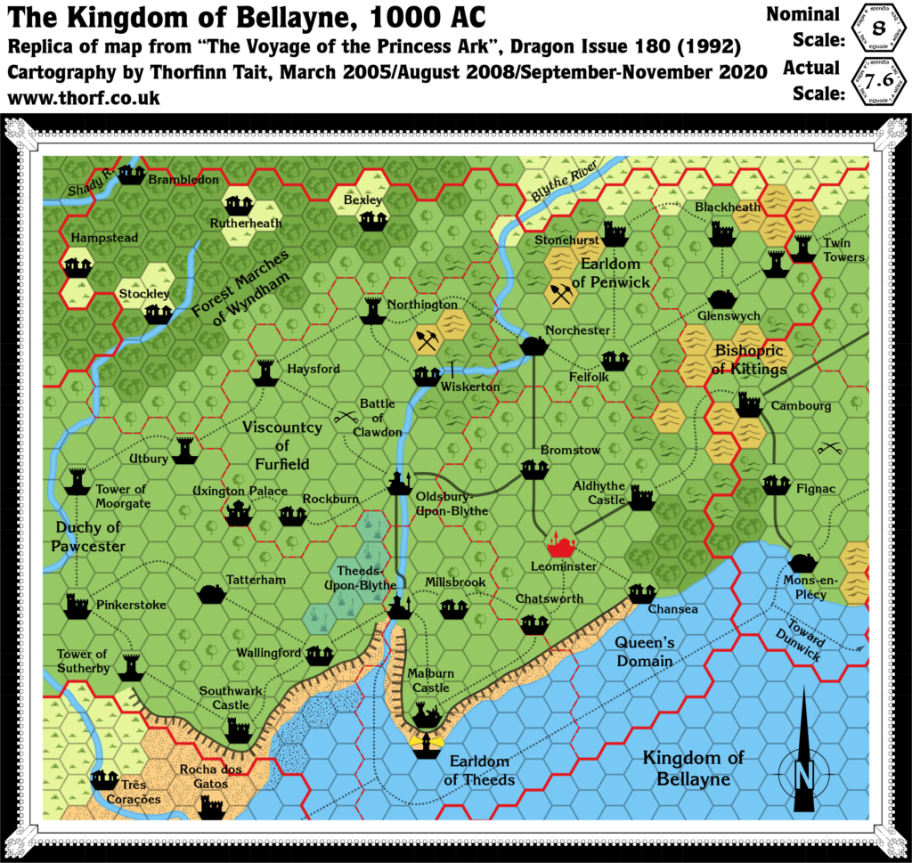 Replica of Dragon 180's map of Bellayne, 8 miles per hex