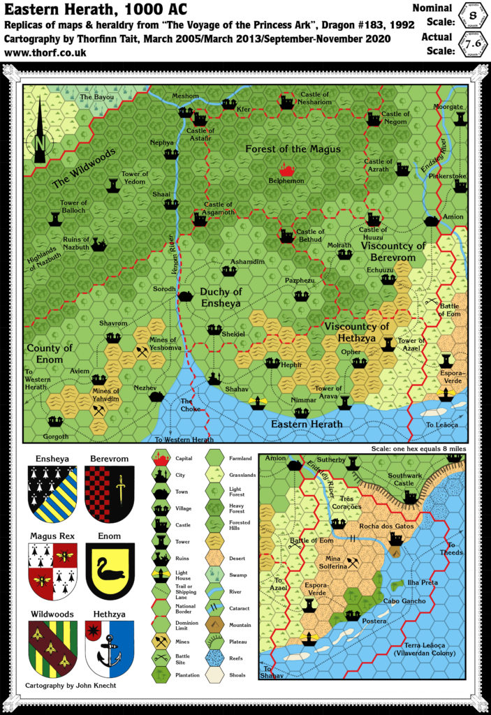 Replicas of Dragon 183's maps of Eastern Herath and Terra Leãoça, 8 miles per hex, with heraldry