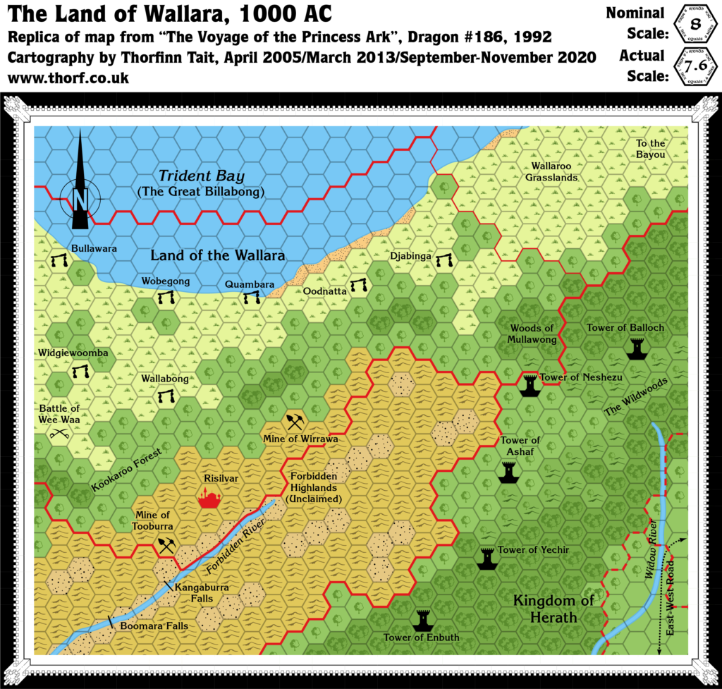 Replica of Dragon 186's map of Wallara, 8 miles per hex