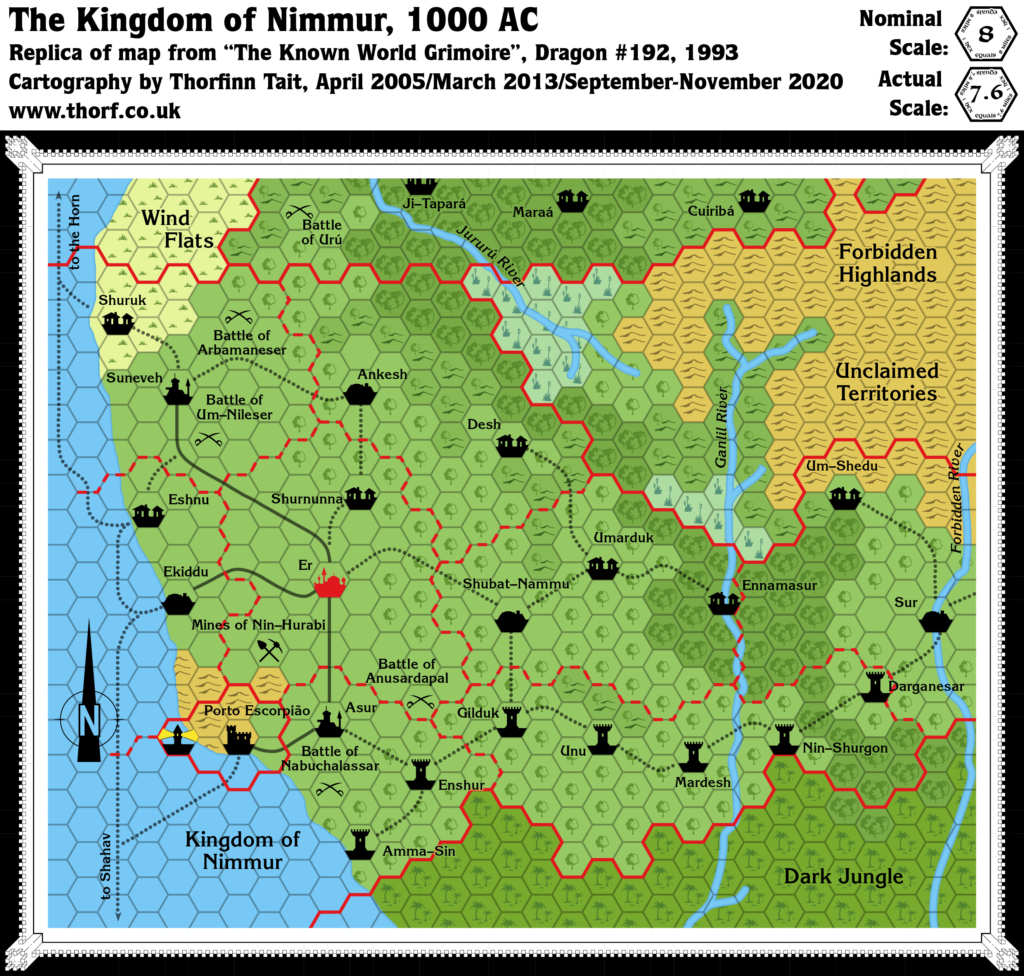 Replica of Dragon 192's map of Nimmur, 8 miles per hex