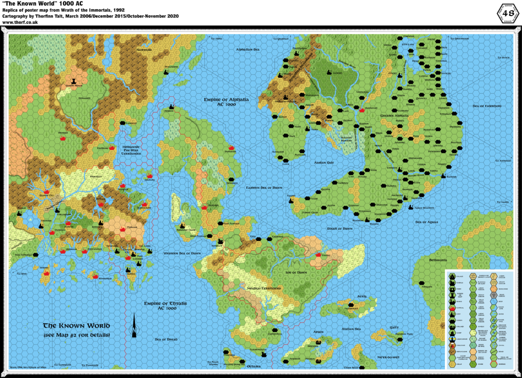 Replica of Wrath of the Immortals' poster map of the Known World, 48 miles per hex