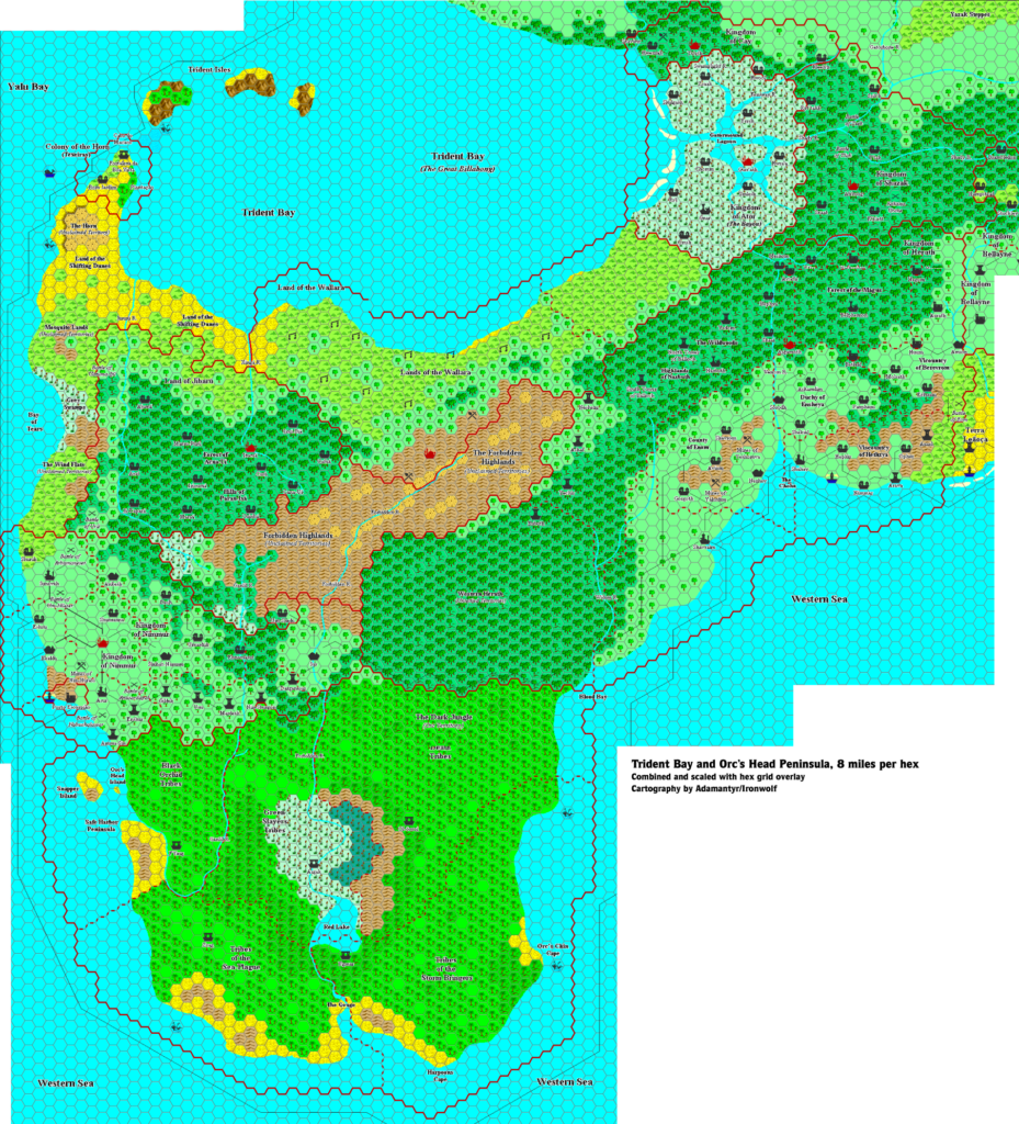 Trident Bay and Orc’s Head Peninsula, 8 miles per hex, by Adamantyr, Revised by Thorf, December 2020