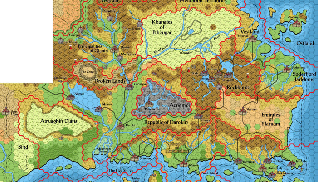 Standardised replica of Karameikos: Kingdom of Adventure map of the Known World, 24 miles per hex
