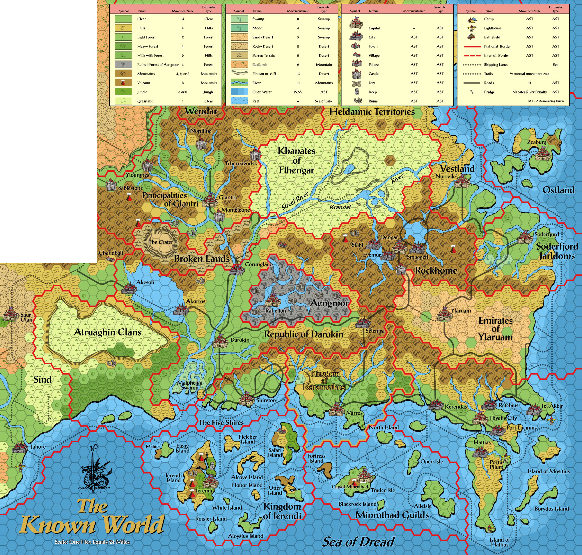 Standardised replica of Karameikos: Kingdom of Adventure map of the Known World, 24 miles per hex