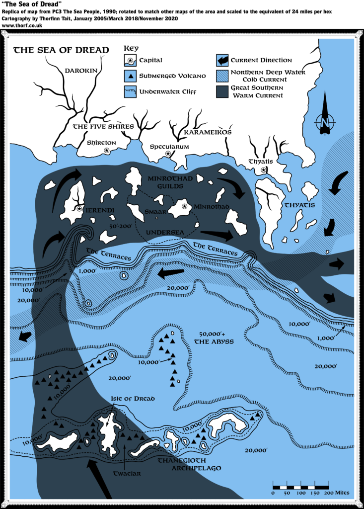 Replica of PC3’s map of the Sea of Dread, rotated to match other maps of the area and scaled to match 24 mile per hex maps