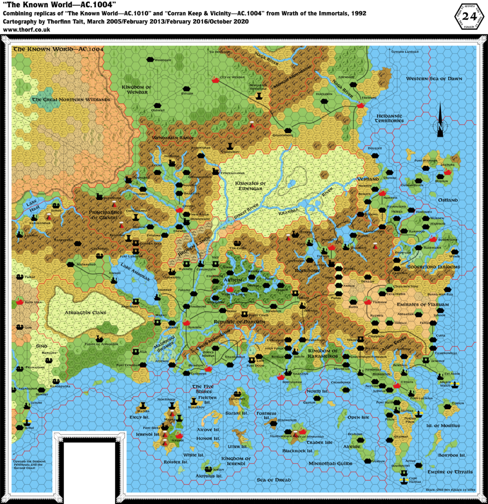 Combined replica of Wrath of the Immortals' poster map of the Known World 1004 AC, 24 miles per hex