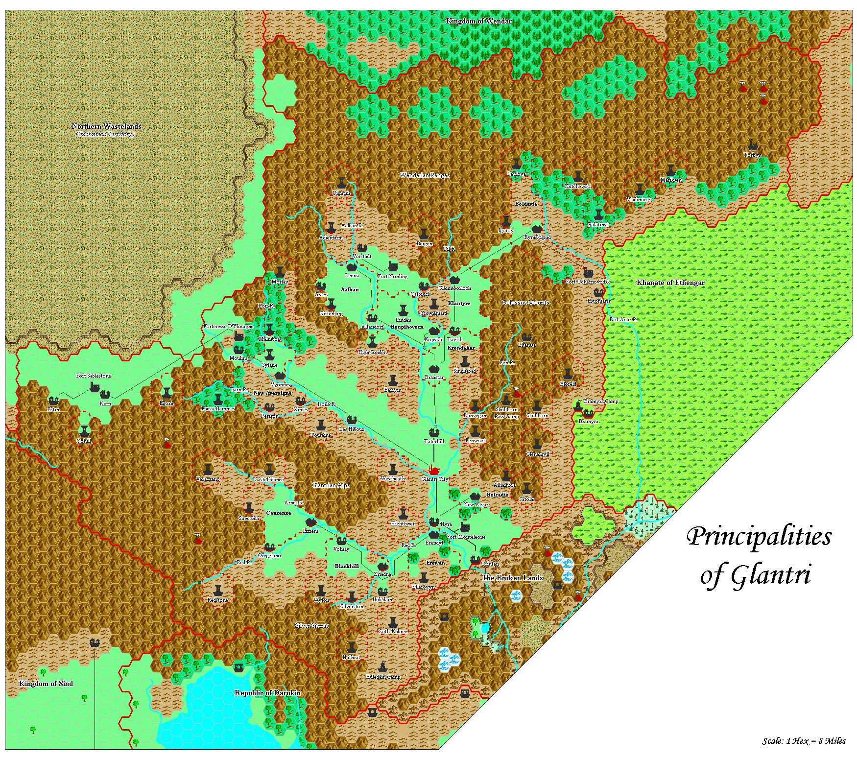 Principalities of Glantri, 8 miles per hex by Adamantyr, February 2000